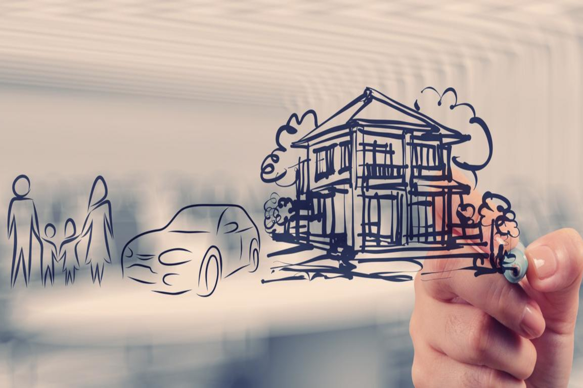 Hand drawing house, car and family
