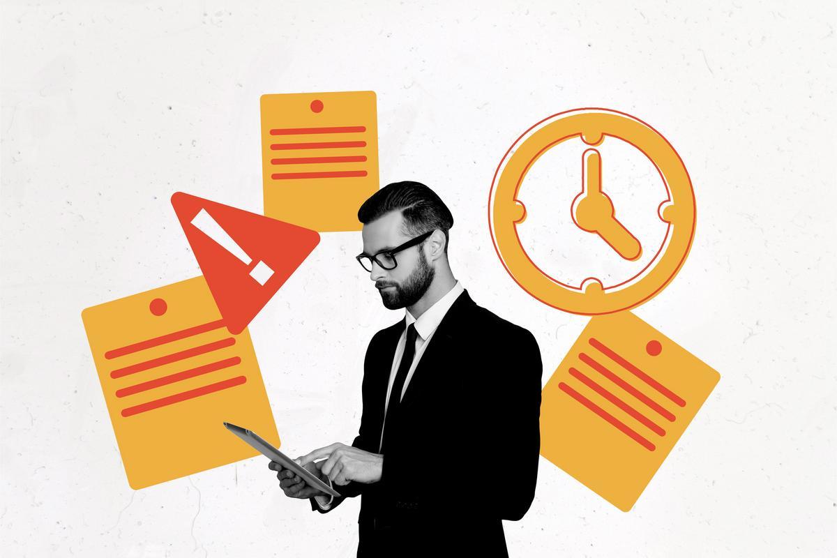 Man in a suit reviewing documents with warning, checklist, and clock symbols around him.